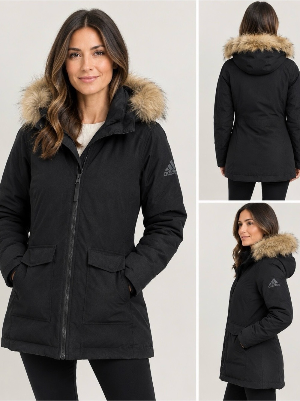 Adidas Black Women's Hooded Parka with Faux-Fur Trim